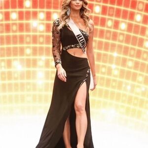 Jovani Elegant Black Gown with Sheer Embellished Sleeves